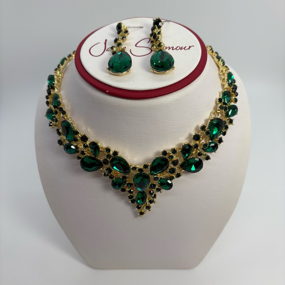 Emerald Green And Gold Crystal Statement Bib Rhinestone Necklace And Earrings